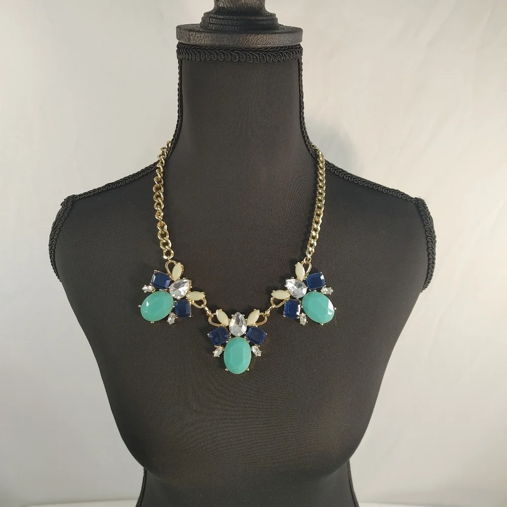 Gold Tone Statement Necklace Blue Turquoise Bib Chunky Chain
